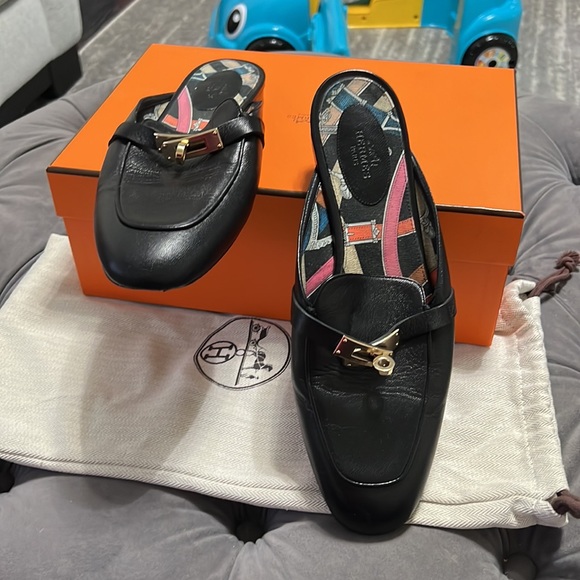 Hermes Mules Shoes Black and Gold size 40 - Picture 3 of 10